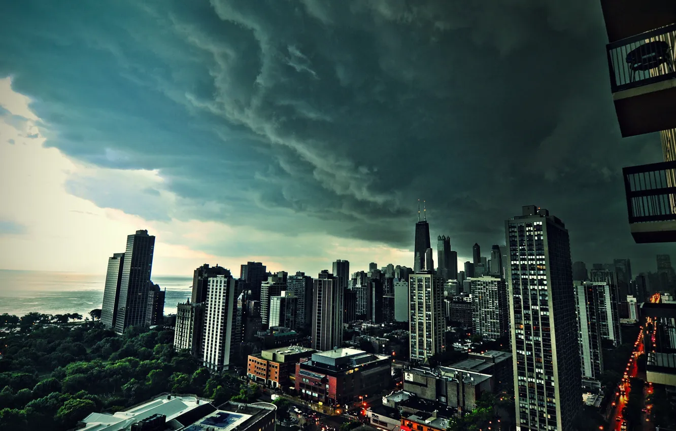 Фото обои тучи, город, фон