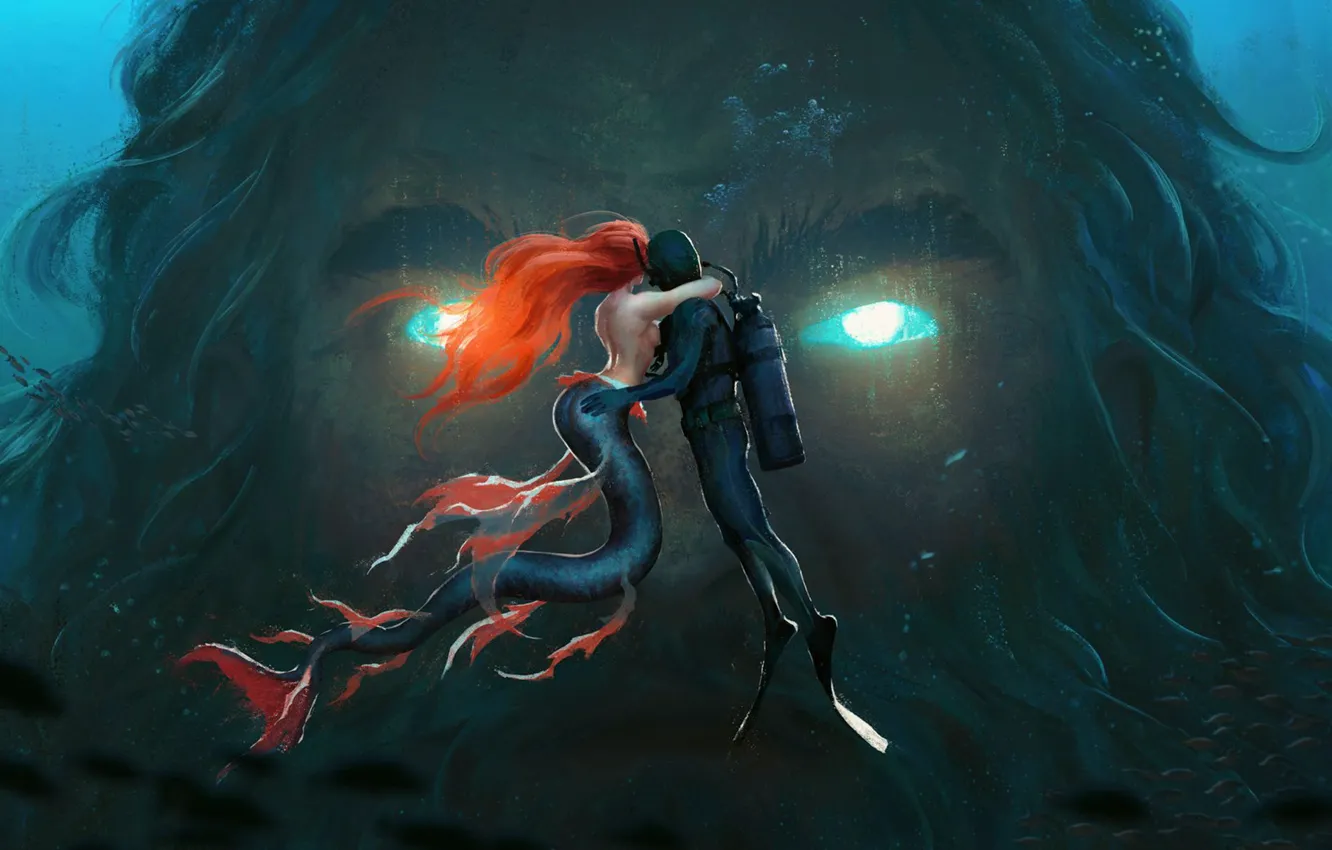 Фото обои русалка, аквалангист, рыжие волосы, red hair, под водой, underwater, посейдон, божество