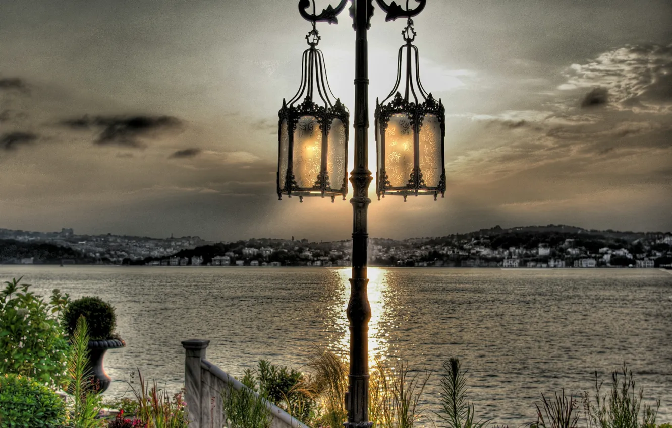Фото обои море, обработка, вечер, фонари, sea, Стамбул, Турция, evening