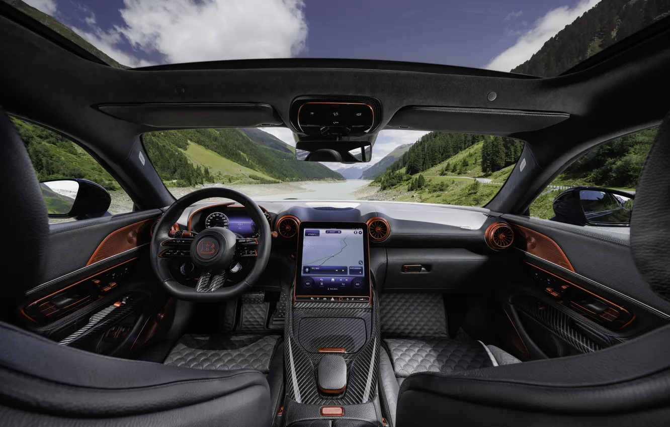 Фото обои Brabus, спортивное купе, салон автомобиля, Mercedes-AMG, 2025, Mercedes-AMG GT 63 S E Performance, черный кузов, …