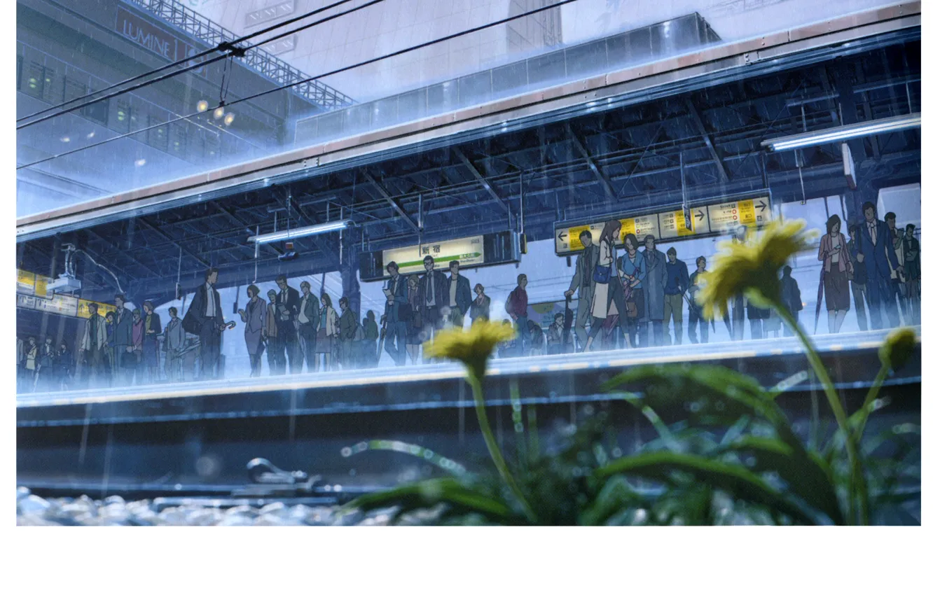 Фото обои люди, дождь, вокзал, станция, kotonoha no niwa, сад изящных слов, by makoto shinkai