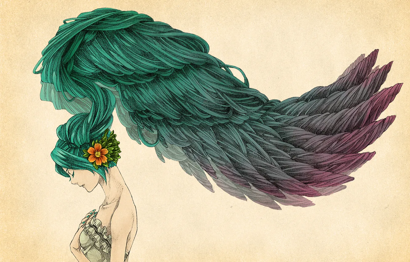 Фото обои цветок, волосы, рисунок, крылья, арт, профиль, vocaloid, hatsune miku