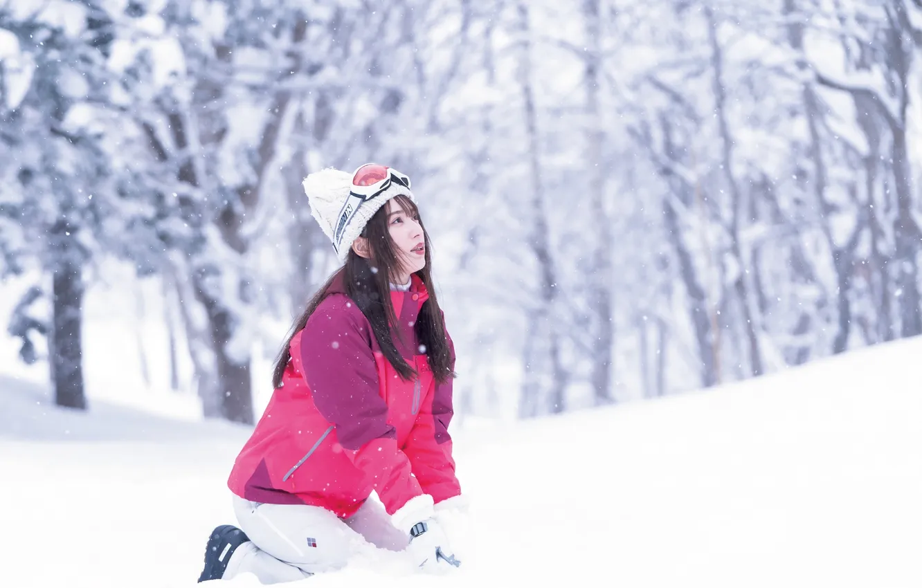 Фото обои Beautiful, Asian, Model, Winter, Snow, Woman, Cute, Jacket