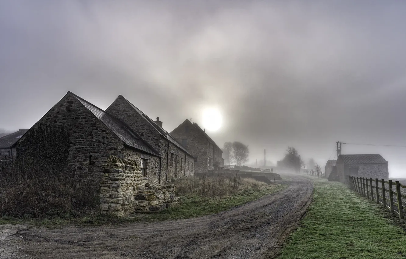 Фото обои дорога, туман, дом, забор