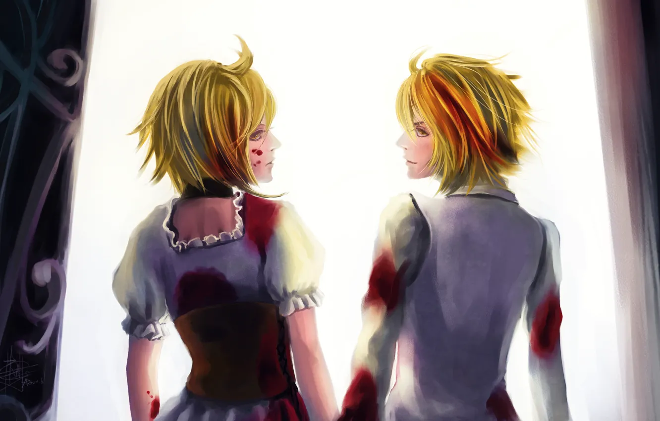 Фото обои кровь, vocaloid, kagamine rin, kagamine len