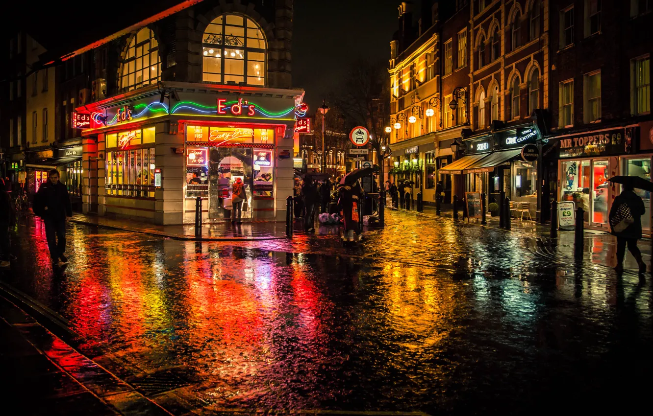 Фото обои lights, colors, night, people, London, England, reflection, streets