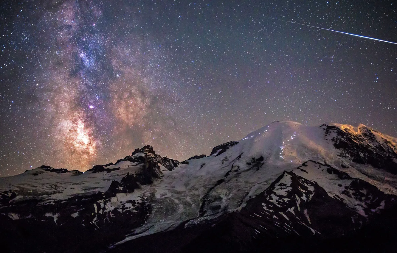Фото обои небо, звезды, ночь, США, Млечный Путь, штат Вашингтон, Mount Rainier National Park