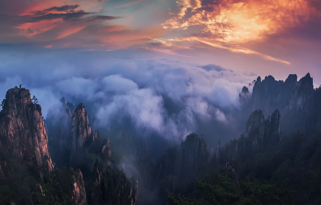 Фото обои лес, небо, облака, горы, туман, скалы, утро, Китай