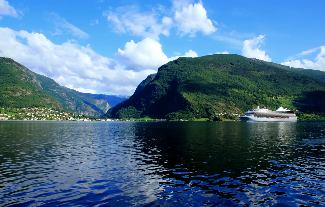 Фото обои лес, пейзаж, природа, корабль, дома, Норвегия, Norway, sogneford