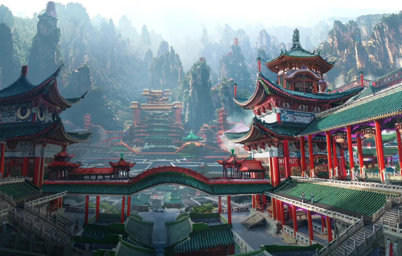 Фото обои China, Palace, Architecture, Ultrawide, AI Art
