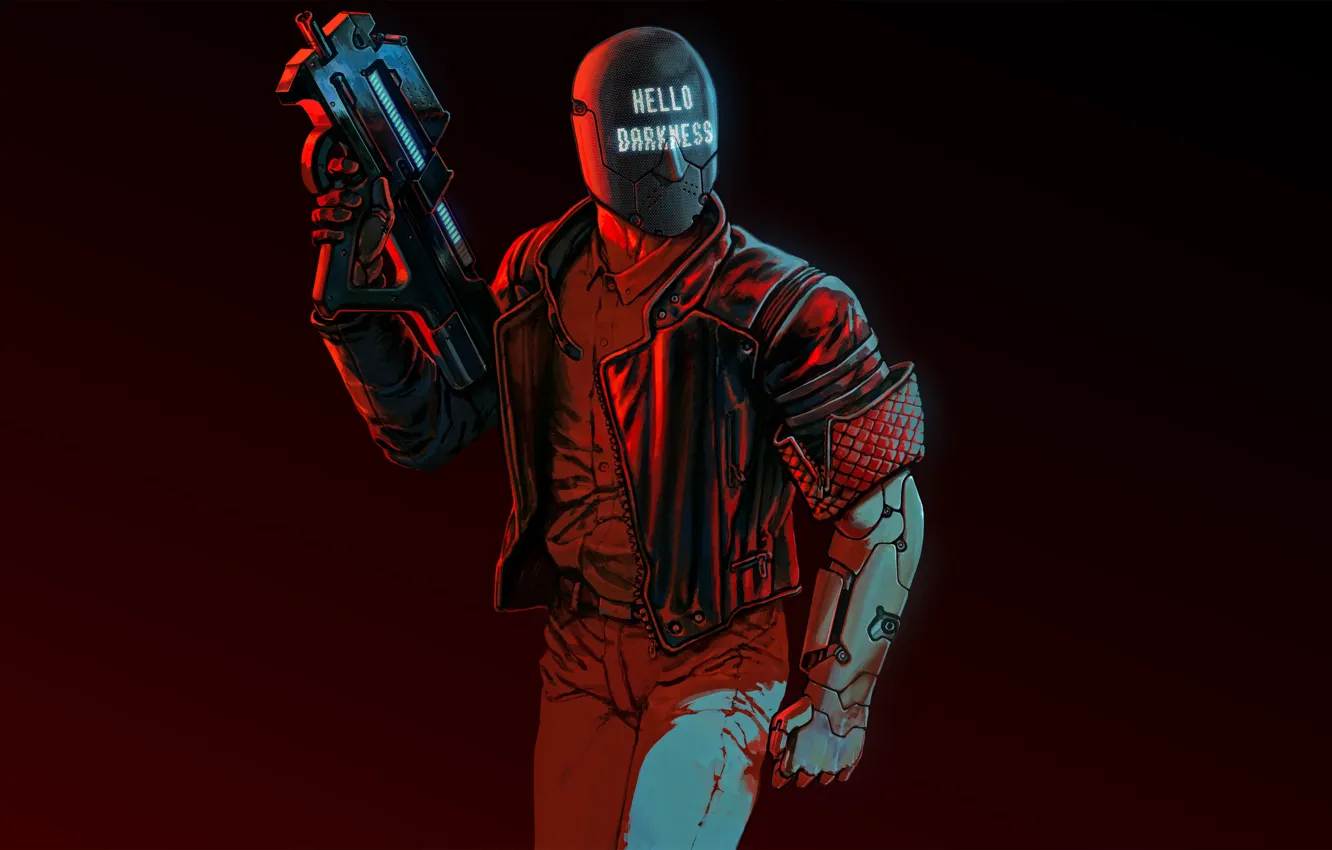 Фото обои оружие, фон, арт, шлем, киберпанк, персонаж, шутер, 2017