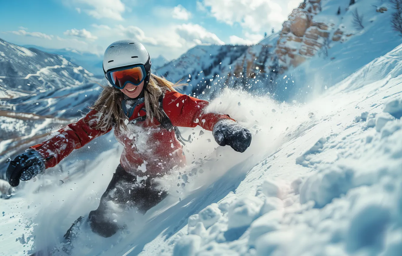 Фото обои girl, mountains, snow, slope, snowboarding, sports