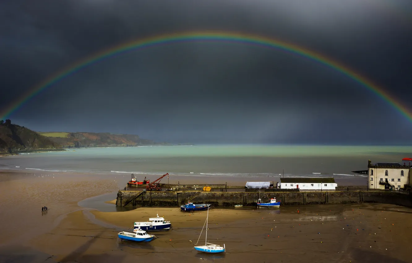 Фото обои лодка, радуга, отлив, гавань, Уэльс, Тенби