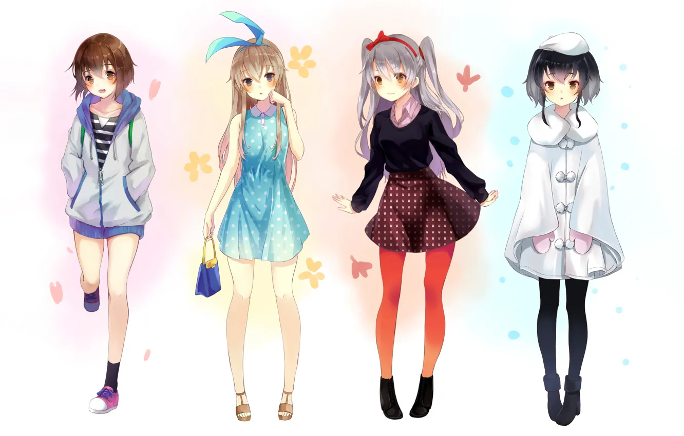 Фото обои long hair, dress, girls, brown hair, brown eyes, anime, beautiful, short hair