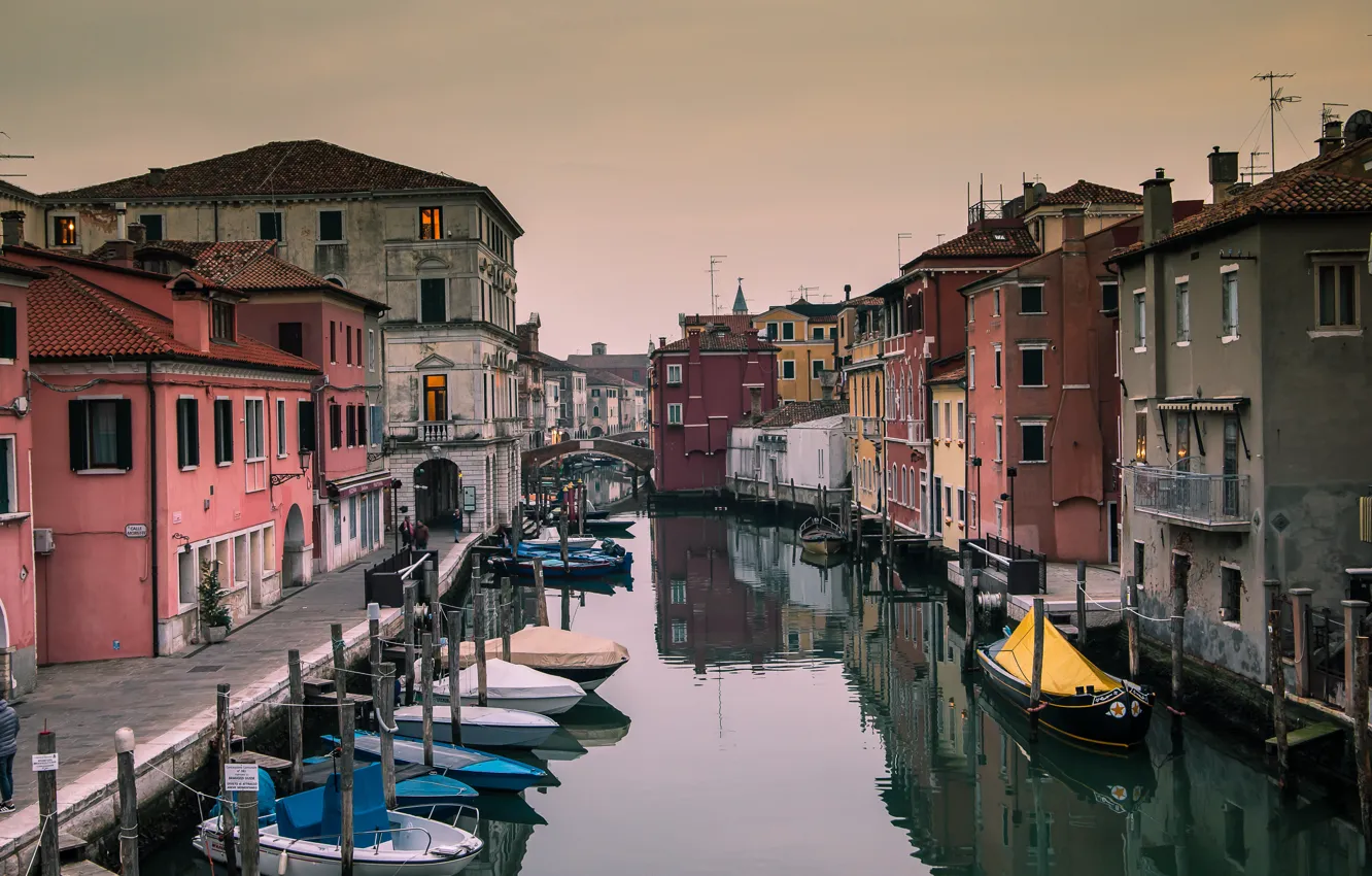 Фото обои дома, лодки, Италия, канал, Кьоджа