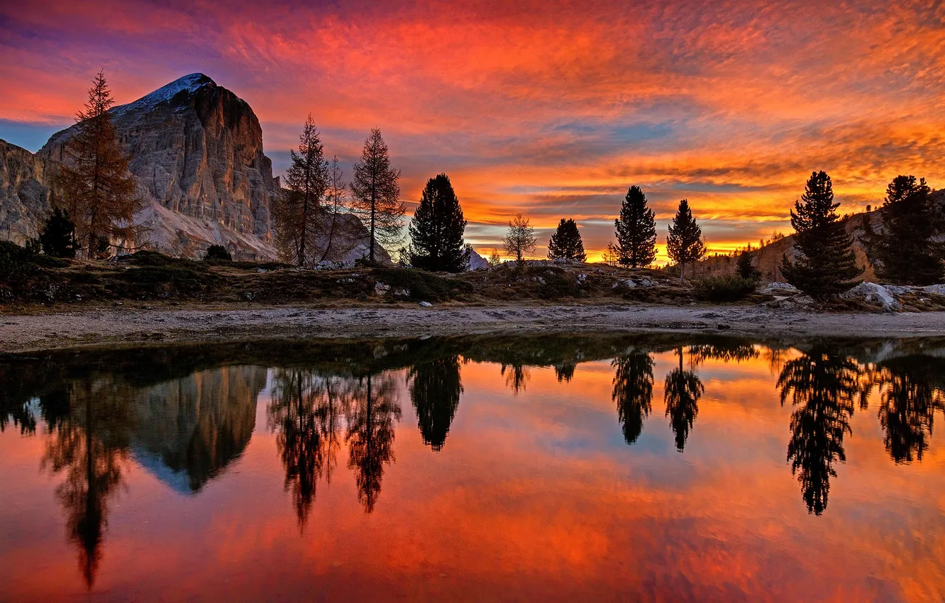 Фото обои лес, пейзаж, закат, горы, природа, озеро, италия