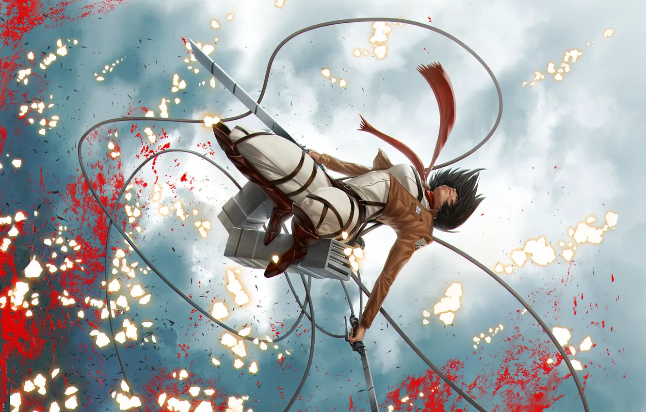 Фото обои небо, брызги, прыжок, кровь, клинки, военная форма, fanart, Shingeki no Kyojin