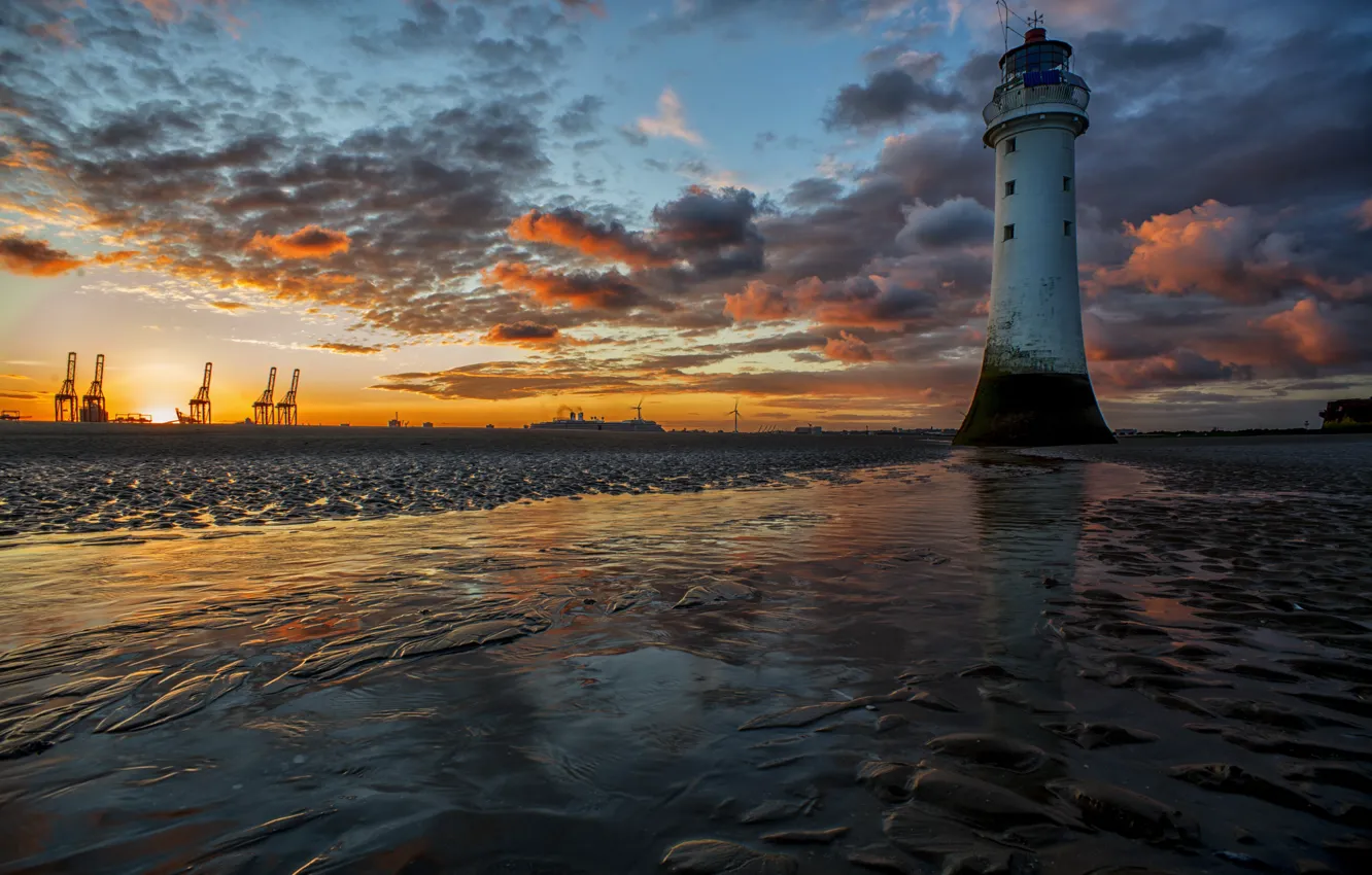 Фото обои закат, маяк, Sunrise, ships, burst of colour
