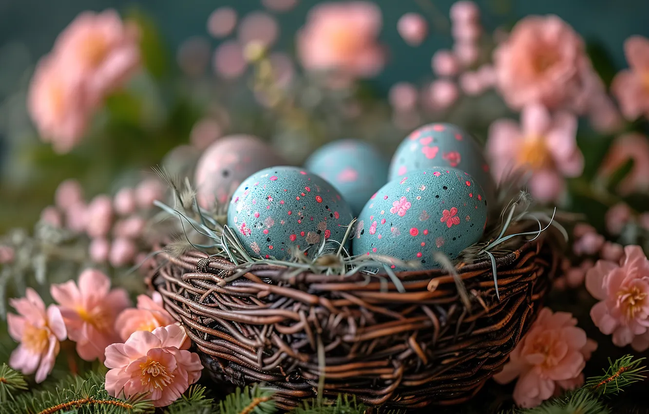 Фото обои цветы, яйца, весна, colorful, Пасха, happy, flowers, spring