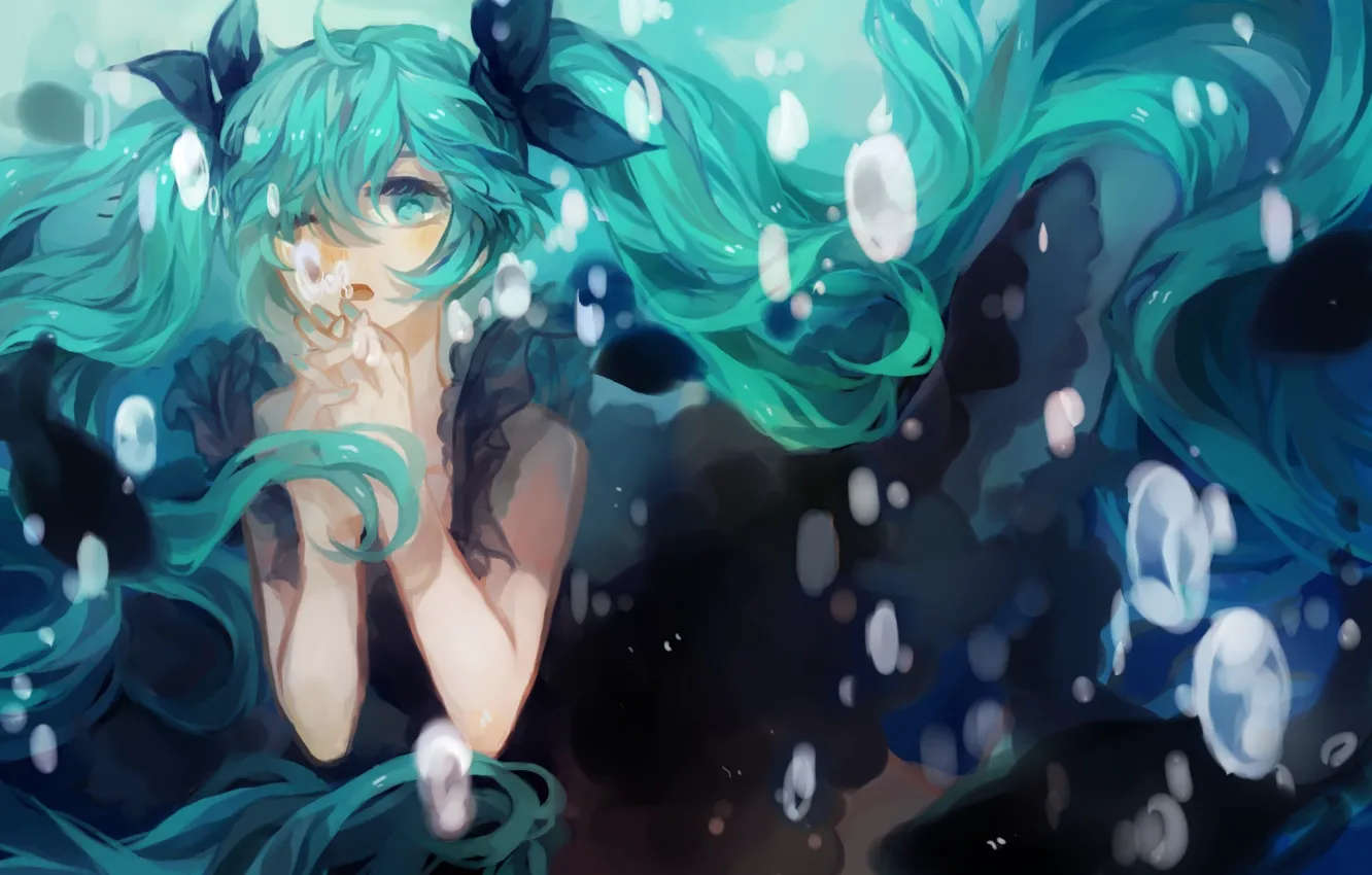 Фото обои девушка, пузыри, аниме, арт, vocaloid, hatsune miku, под водой, банты