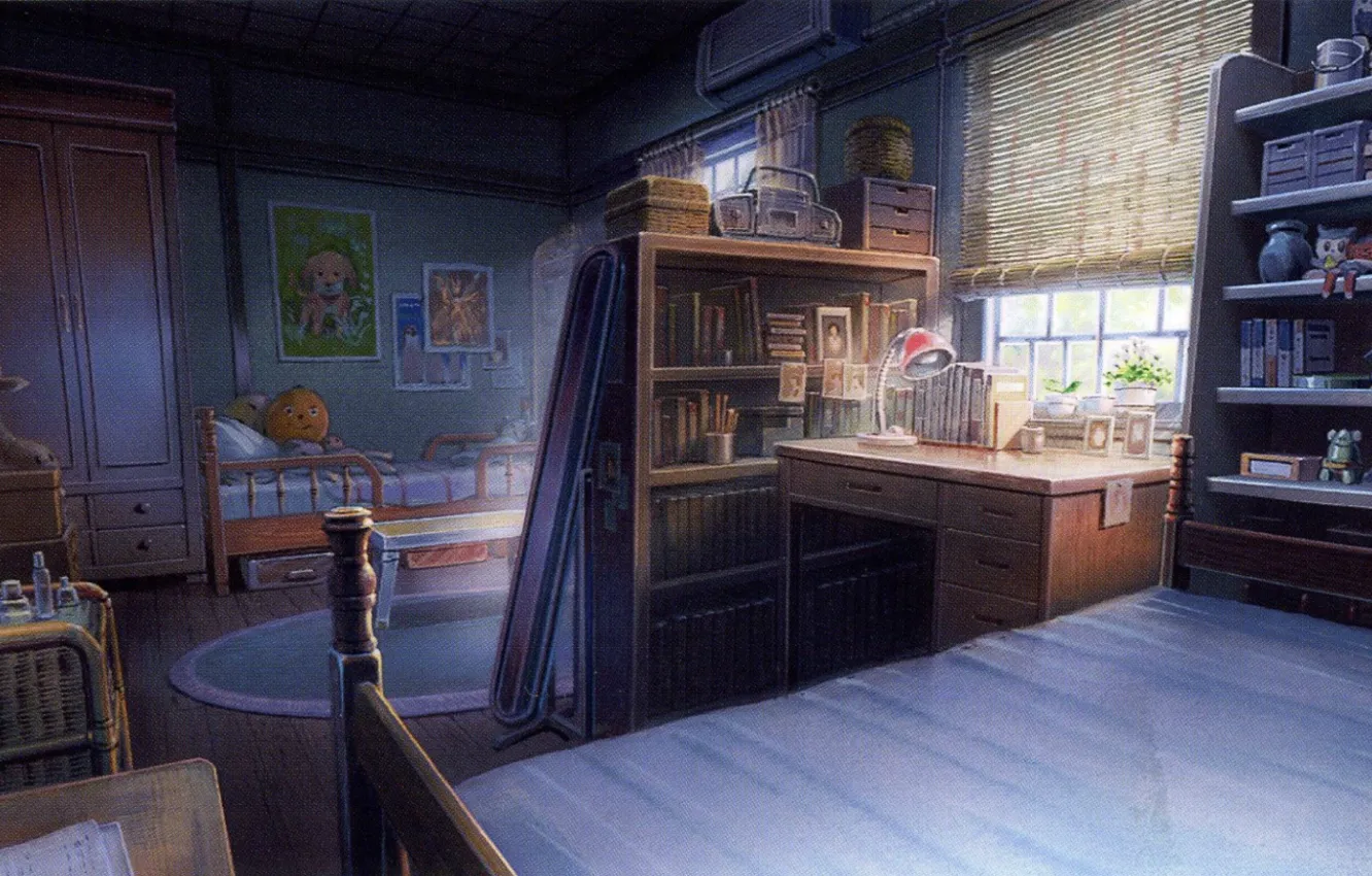 Фото обои стол, комната, игрушки, книги, лампа, кровать, окно, шкаф