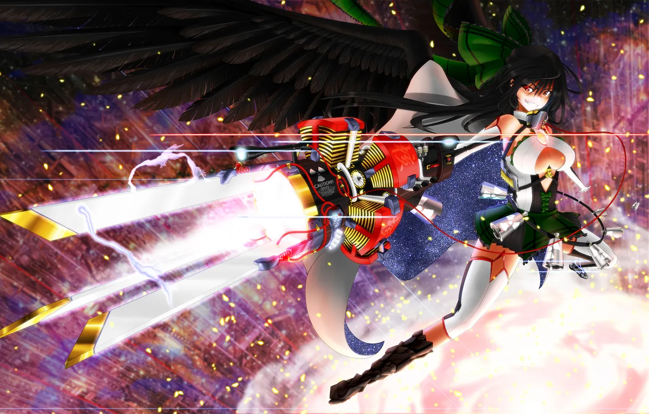 Фото обои грудь, взгляд, девушка, оружие, магия, крылья, reiuji utsuho, touhou