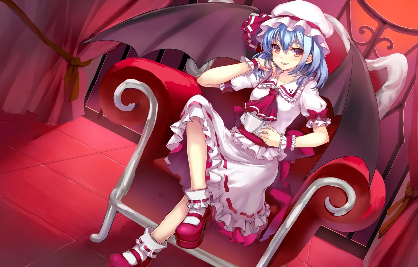 Фото обои взгляд, девушка, улыбка, крылья, демон, сидит, touhou, remilia scarlet