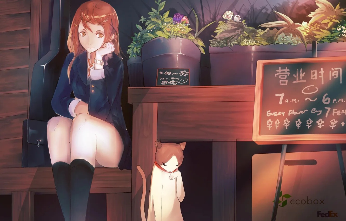 Фото обои кот, девушка, цветы, аниме, арт, форма, школьница, yong kit lam