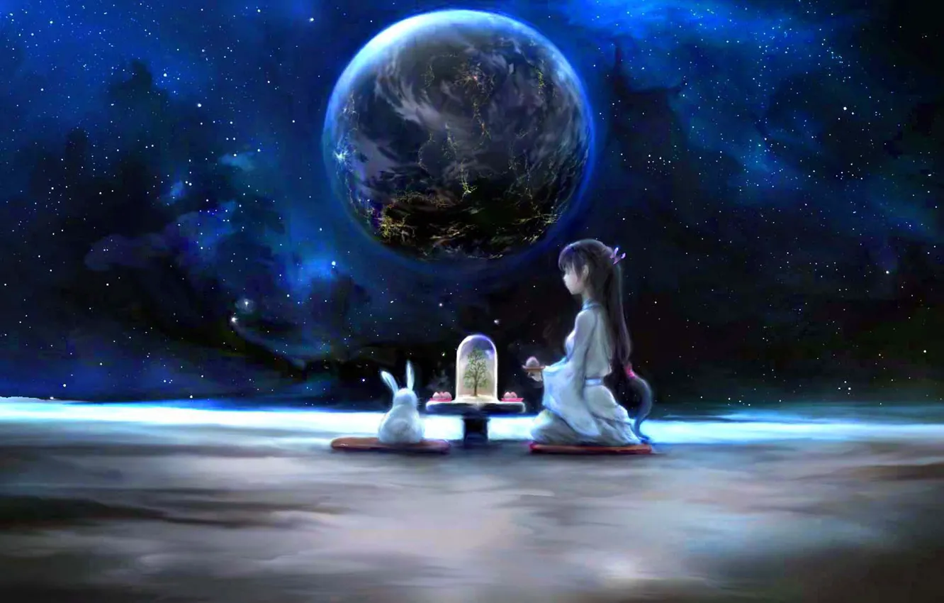 Фото обои девушка, космос, Луна, кролик, фэнтези, Земля, чаепитие, by 00