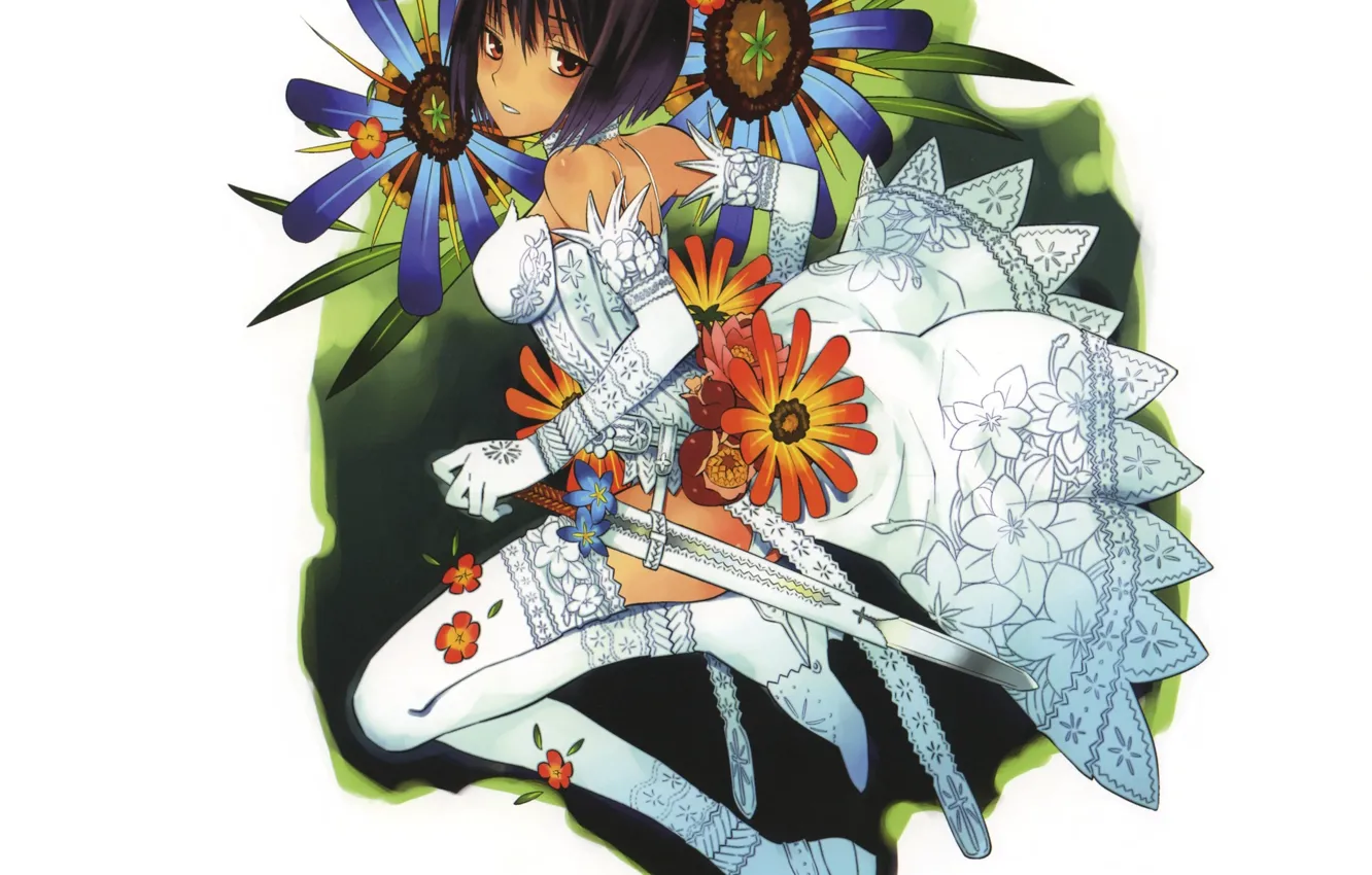 Фото обои стрижка, меч, девочка, корсет, белое платье, карие глаза, белые чулки, перчатки локтя