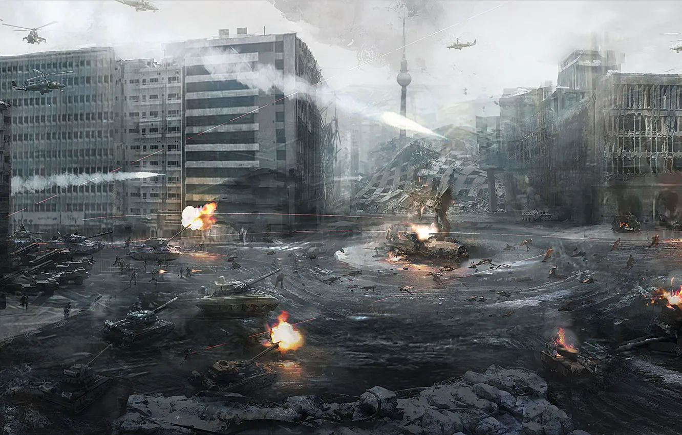 Фото обои город, война, вертолеты, германия, танки, берлин, Call of Duty Modern Warfare 3, третья мировая война