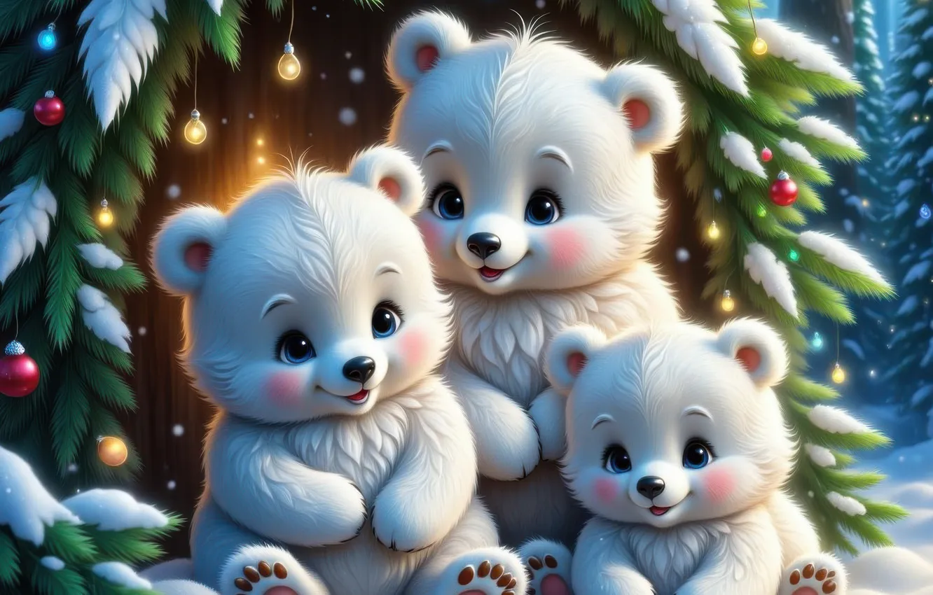 Фото обои зима, снег, новый год, медведь, Рождество, домик, медвежонок, белый медведь