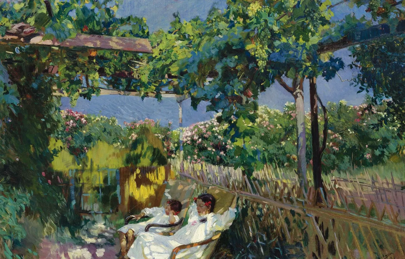 Фото обои пейзаж, картина, Хоакин Соролья, Joaquin Sorolla y Bastida, Сиеста в Саду