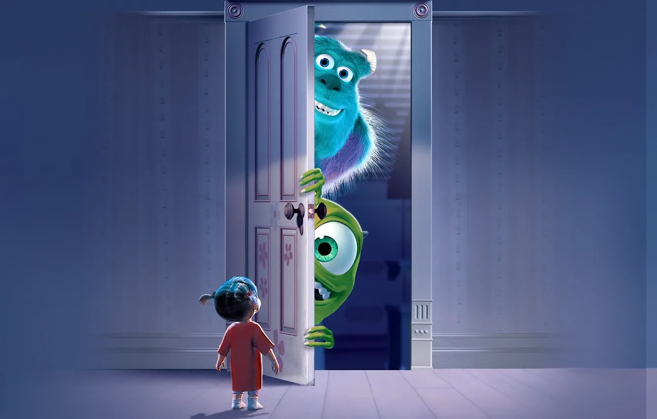 Фото обои дверь, Monsters.Inc, Mike Wazowski, Корпорация монстров, James P. Sullivan, Mary Boo