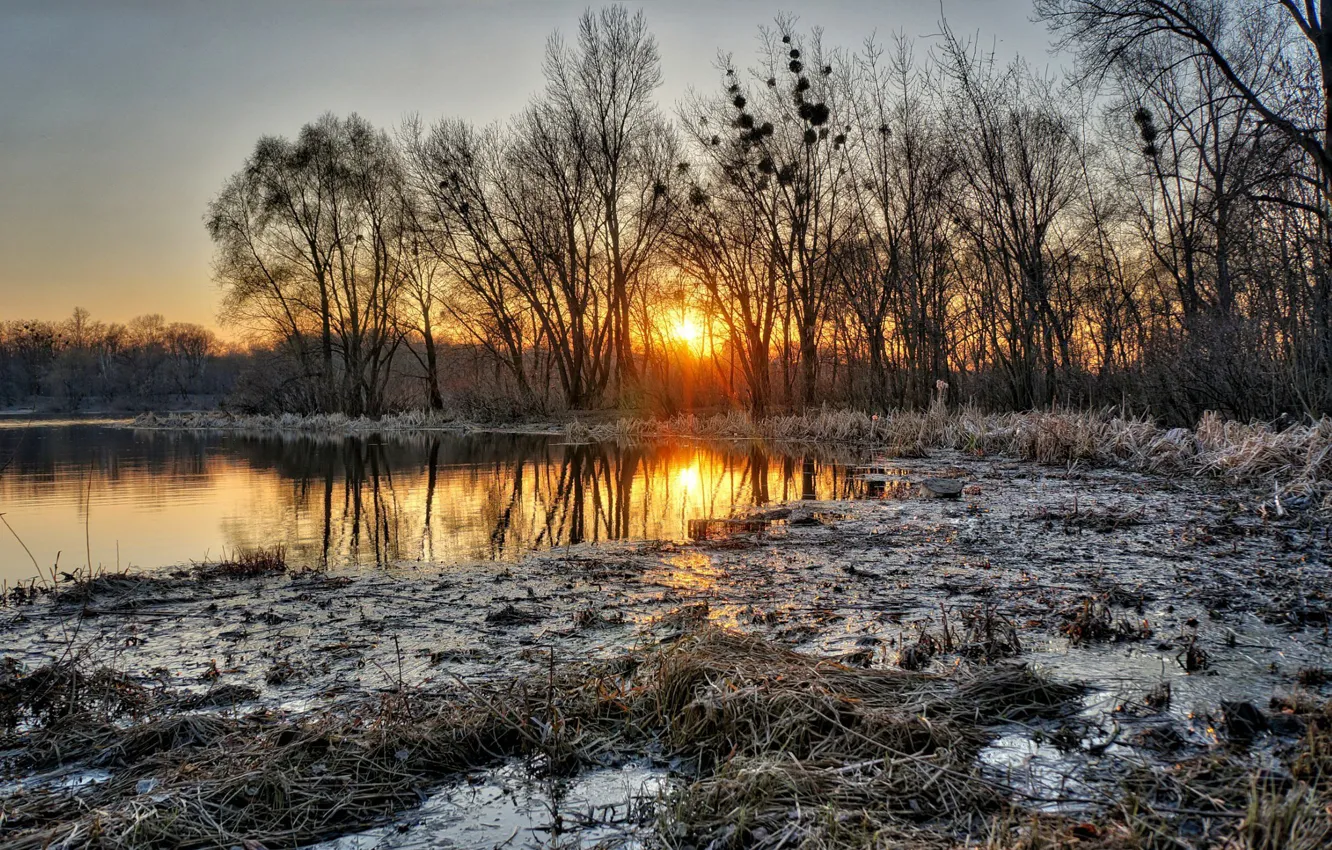 Фото обои зима, закат, озеро