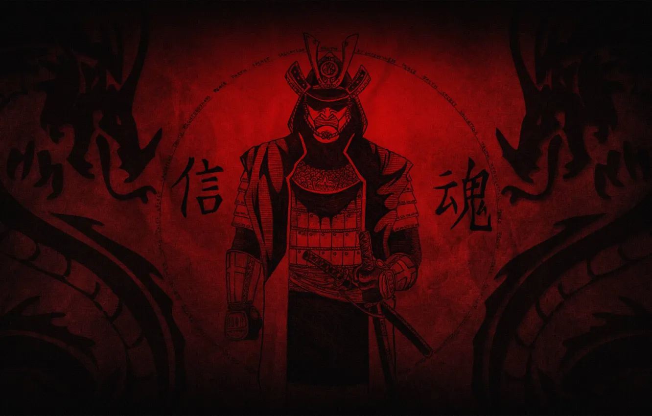 Фото обои катана, доспехи, самурай, иероглифы