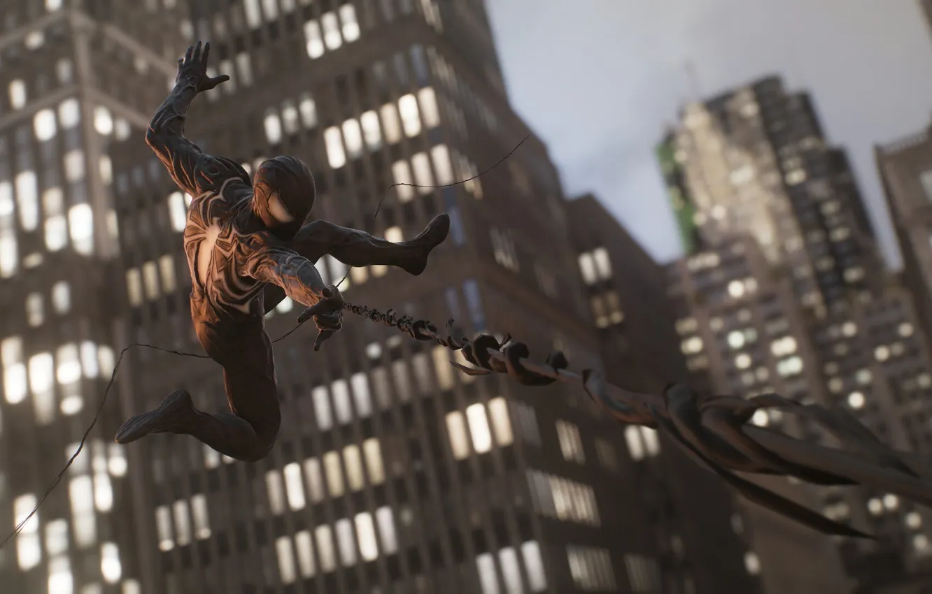 Фото обои pose, web, symbiote, black suit, Marvel Spider Man 2