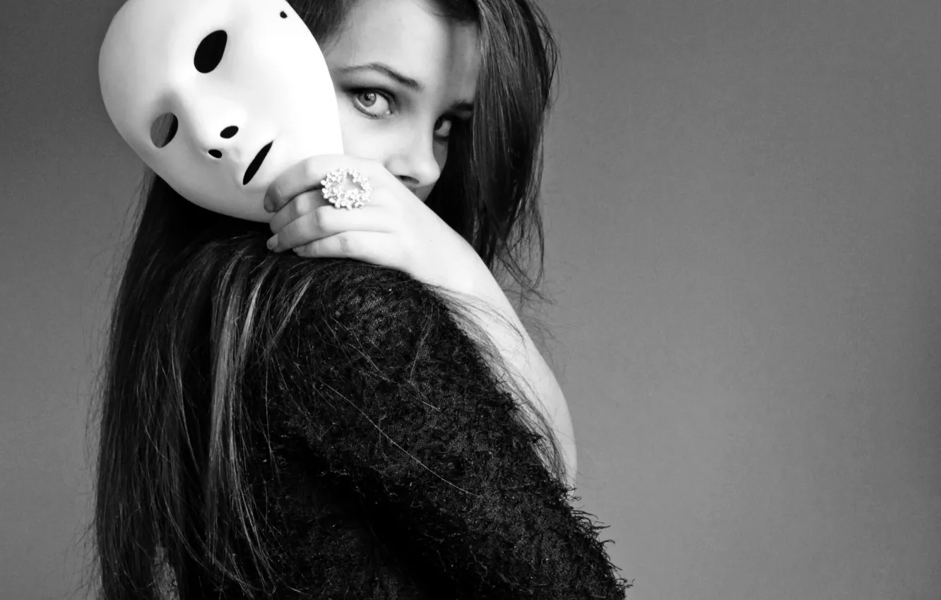 Фото обои girl, monochrome, model, black and white, Woman, mask