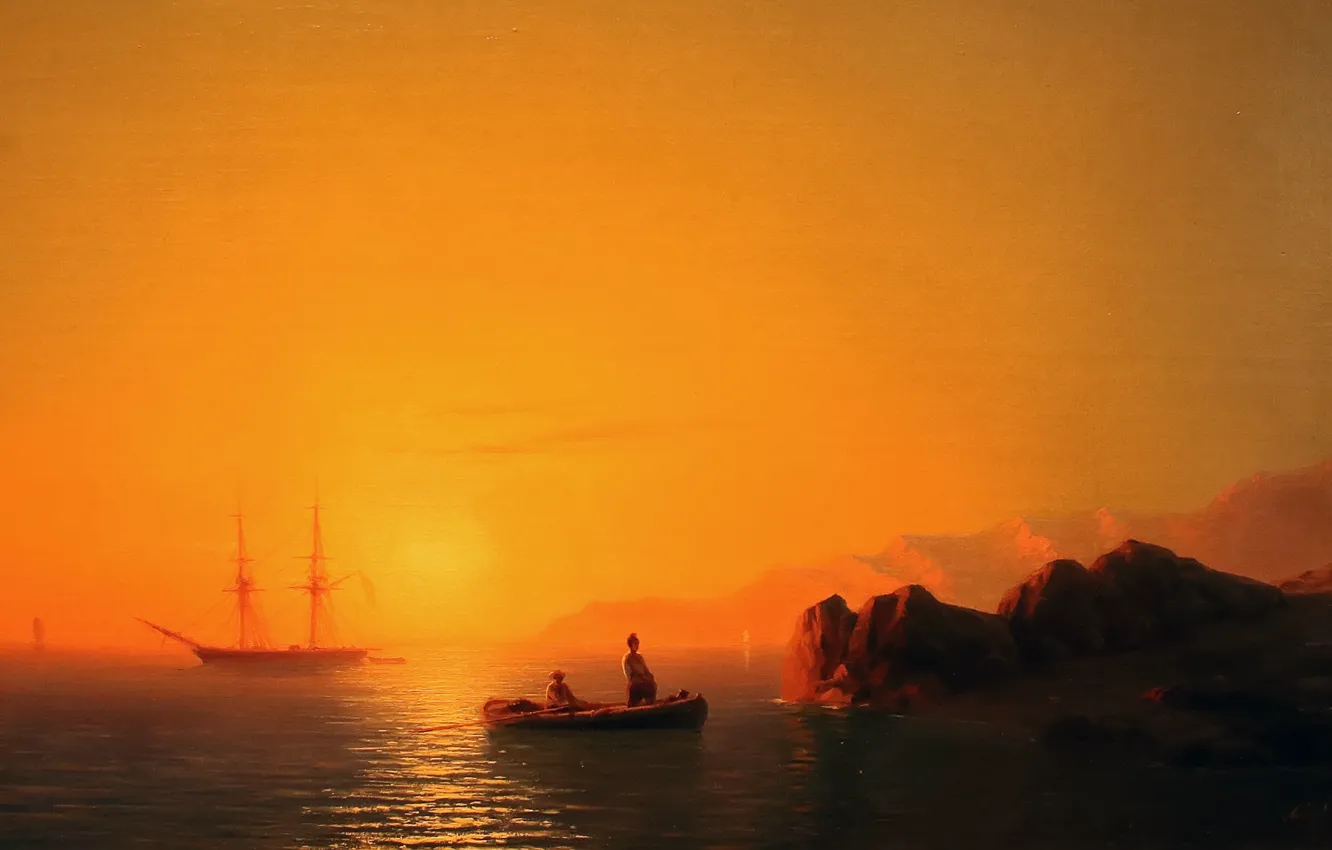 Фото обои лодка, парусник, штиль, Айвазовский Иван, живопись маслом, картина painting, море - sea