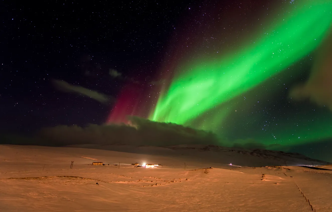 Фото обои звезды, снег, ночь, северное сияние, Aurora Borealis