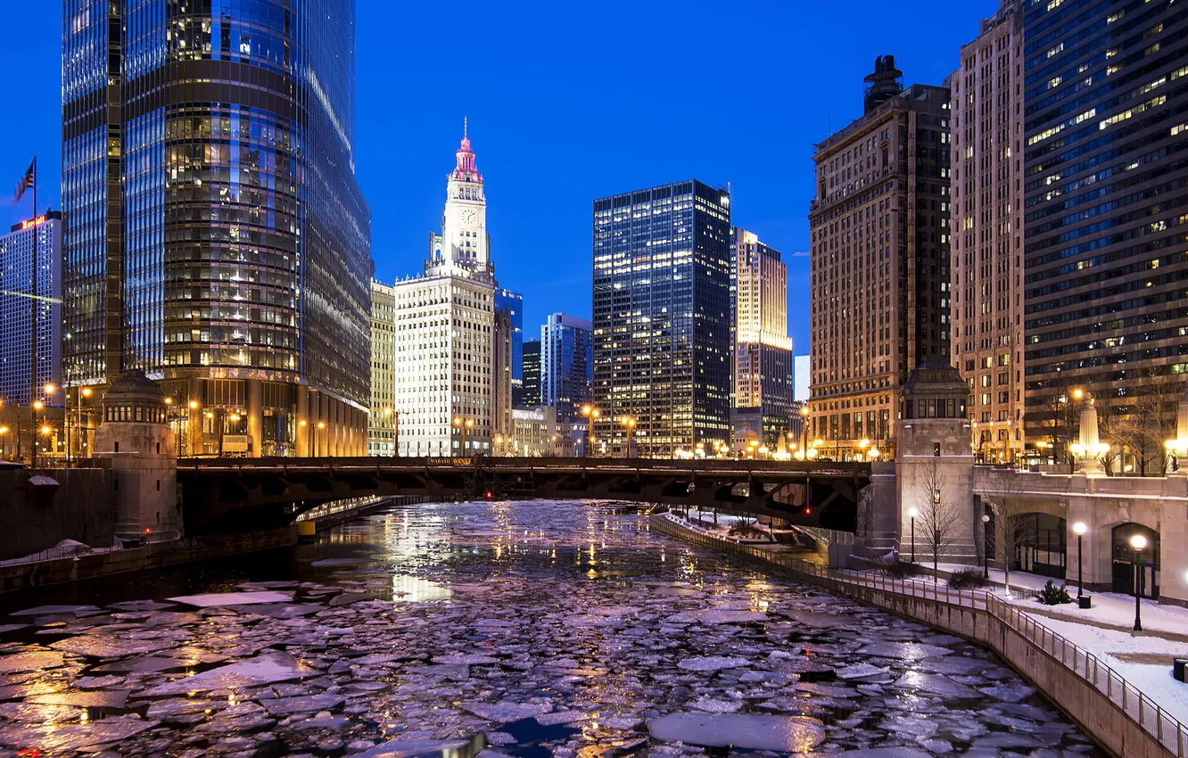 Фото обои Зима, Вечер, Река, Чикаго, Небоскребы, Здания, Америка, Chicago