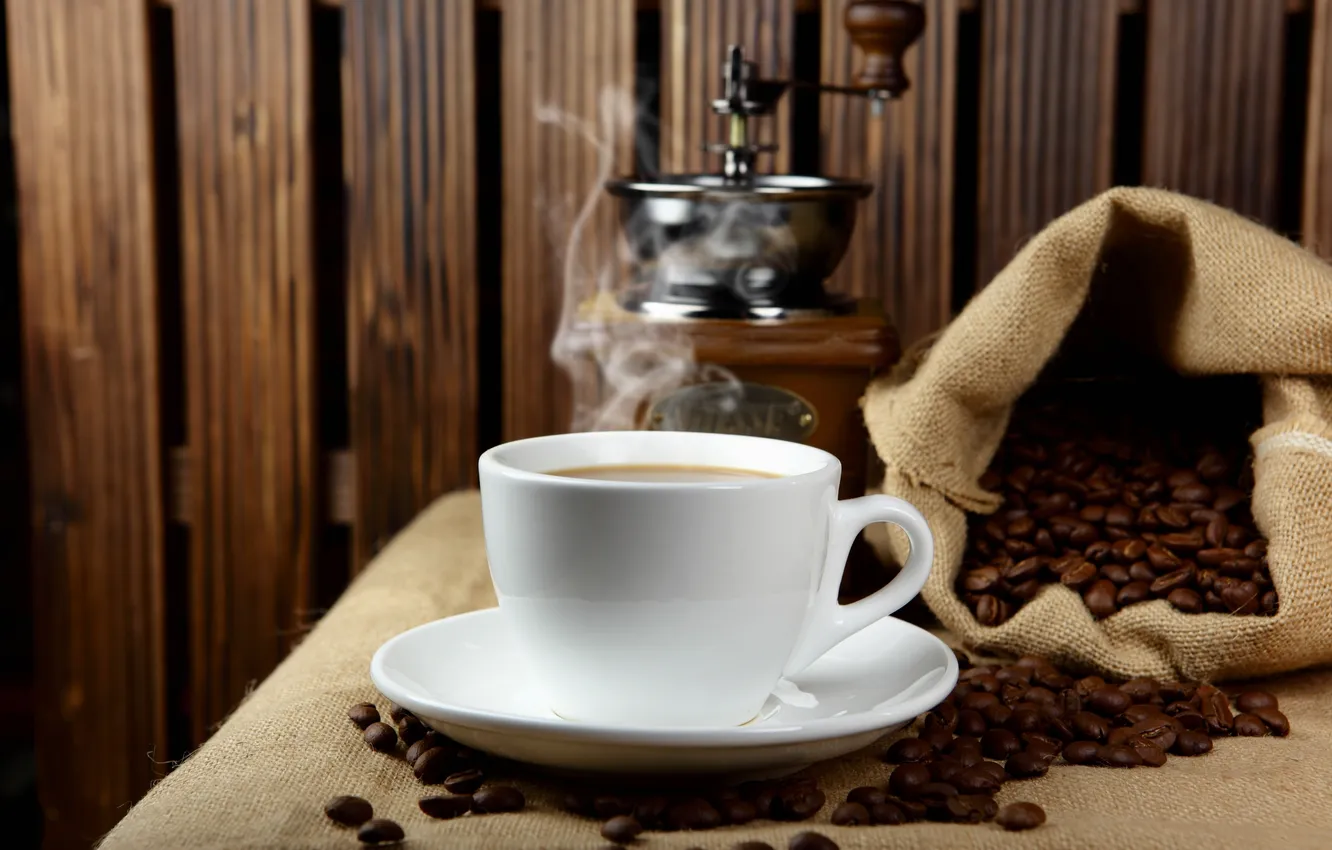 Фото обои кофе, зерна, чашка, мешок, блюдце, coffee, grains