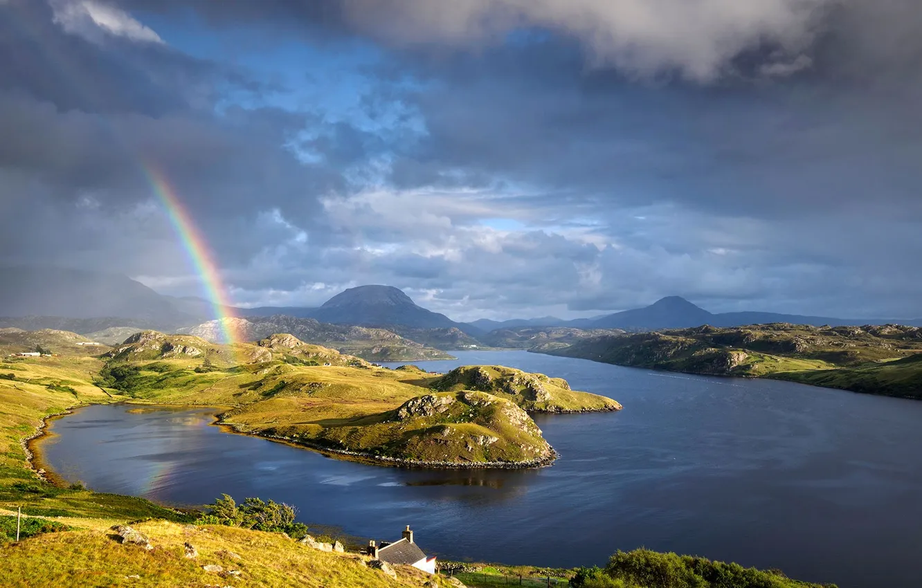 Фото обои горы, тучи, природа, радуга, Шотландия, озеро Инчард, северо-западное нагорье
