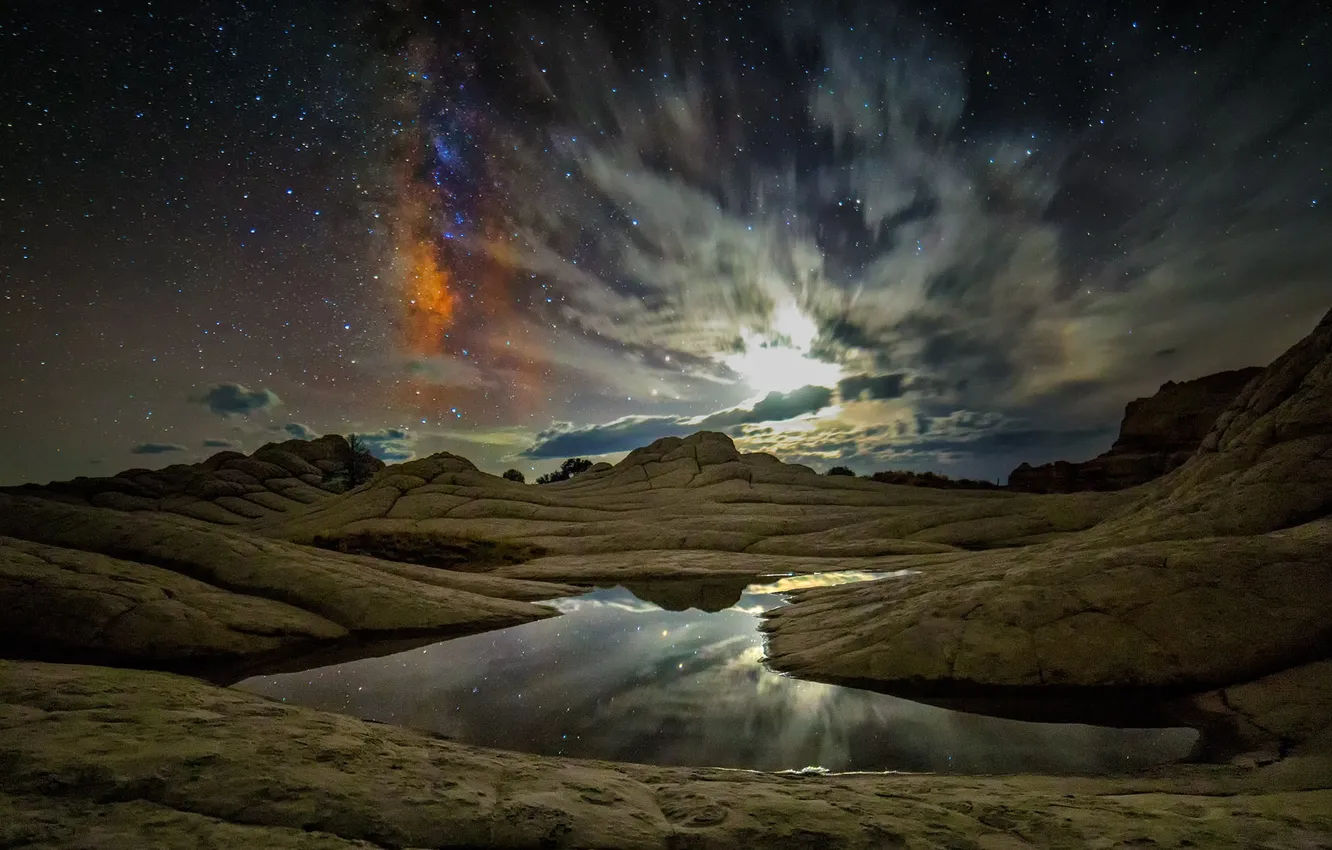 Фото обои звезды, ночь, озеро, скалы, Аризона, США, Vermilion Cliffs National Monument, White Pocket