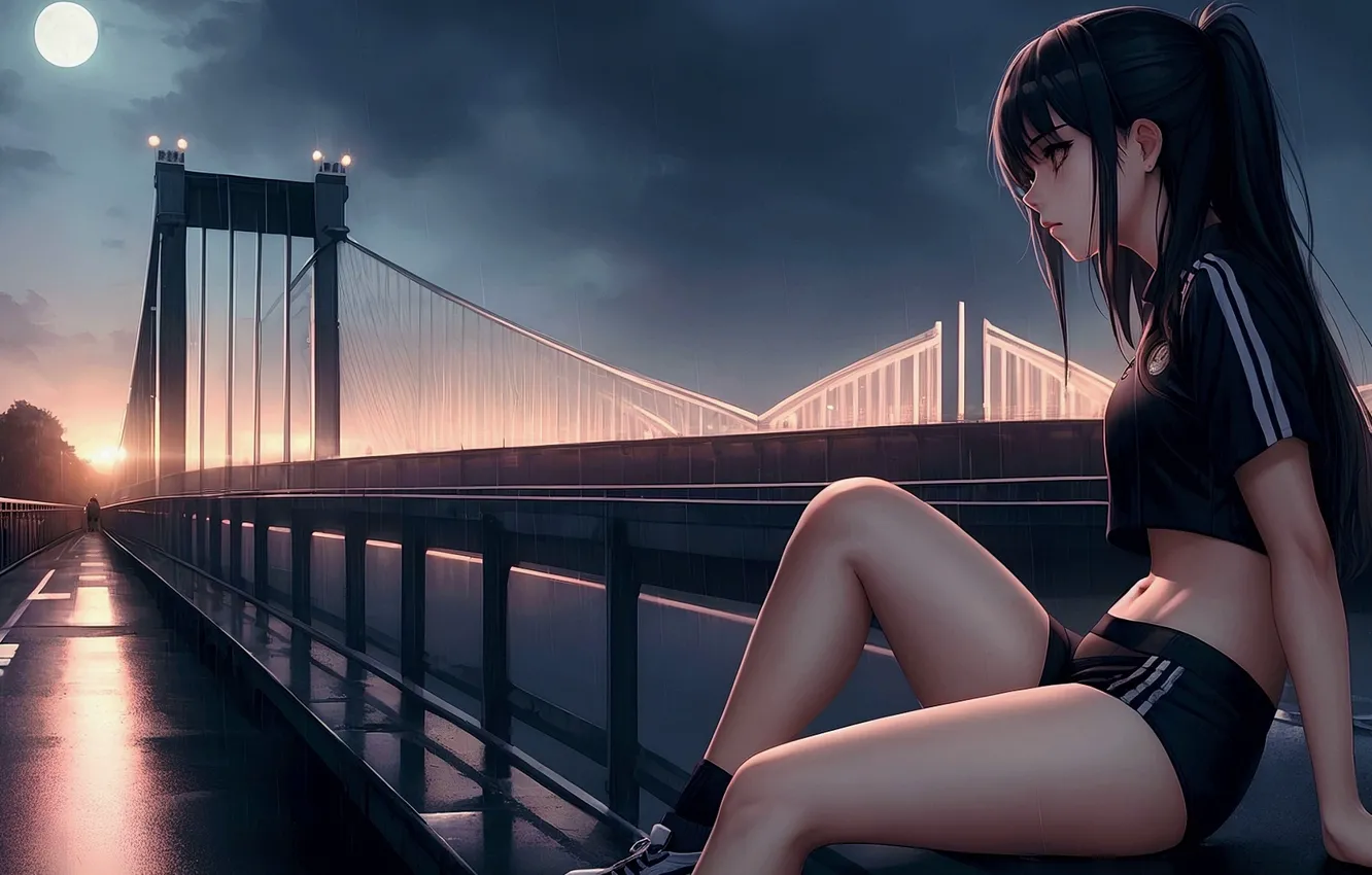 Фото обои girl, rain, bridge