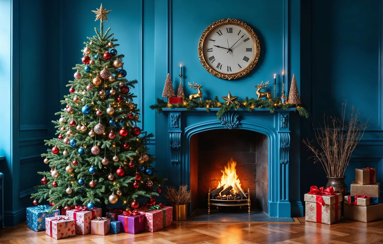 Фото обои комната, елка, интерьер, Рождество, Новый год, камин, Christmas, view