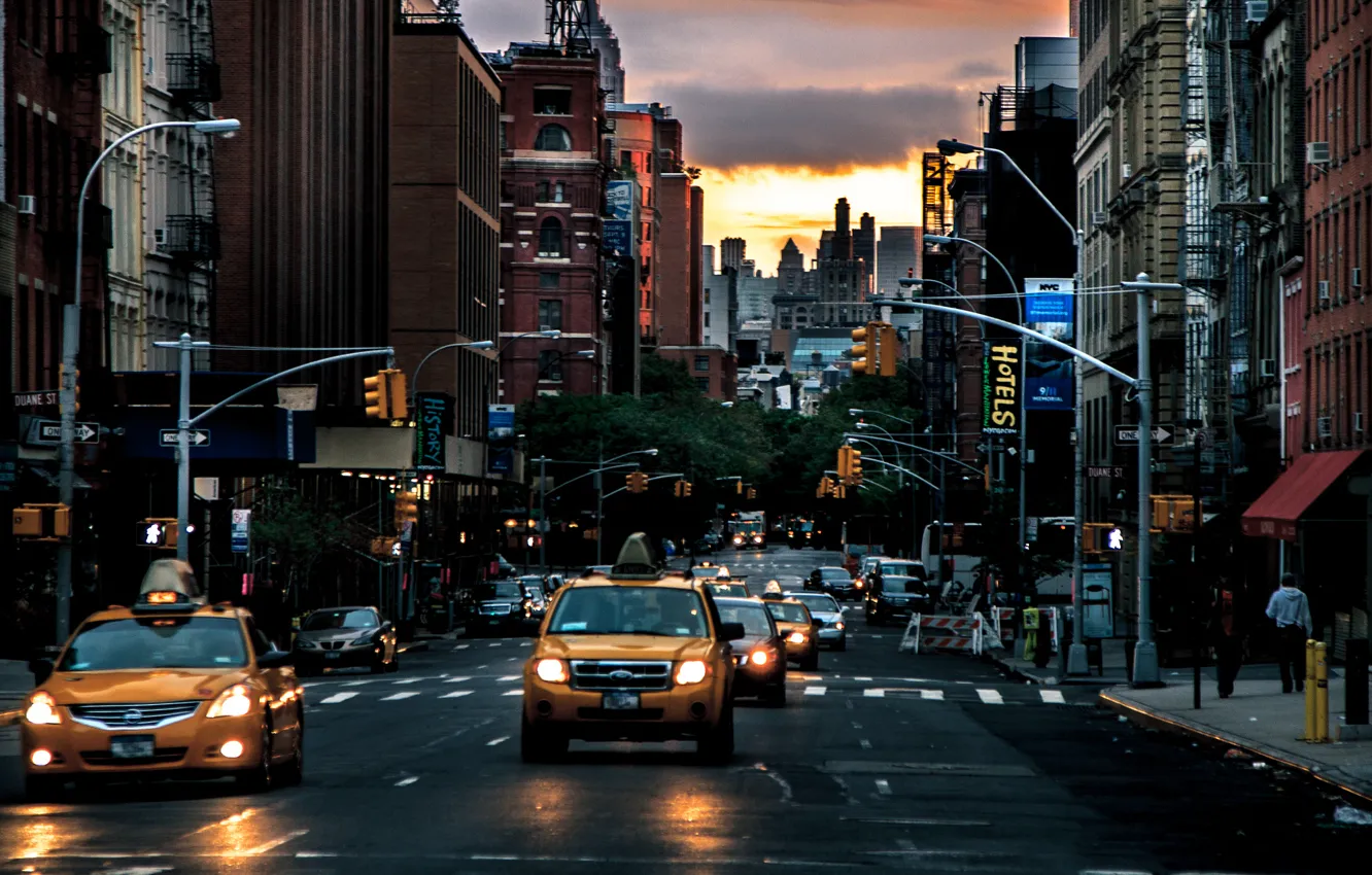 Фото обои рассвет, улица, Нью-Йорк, такси