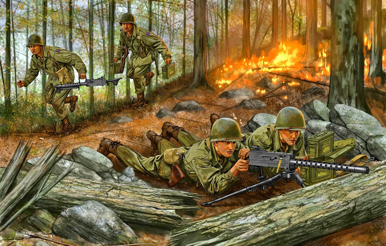 Фото обои Лес, Пулемет, Солдаты, U.S. Army, WWII, Browning М1919, Пулеметный расчет