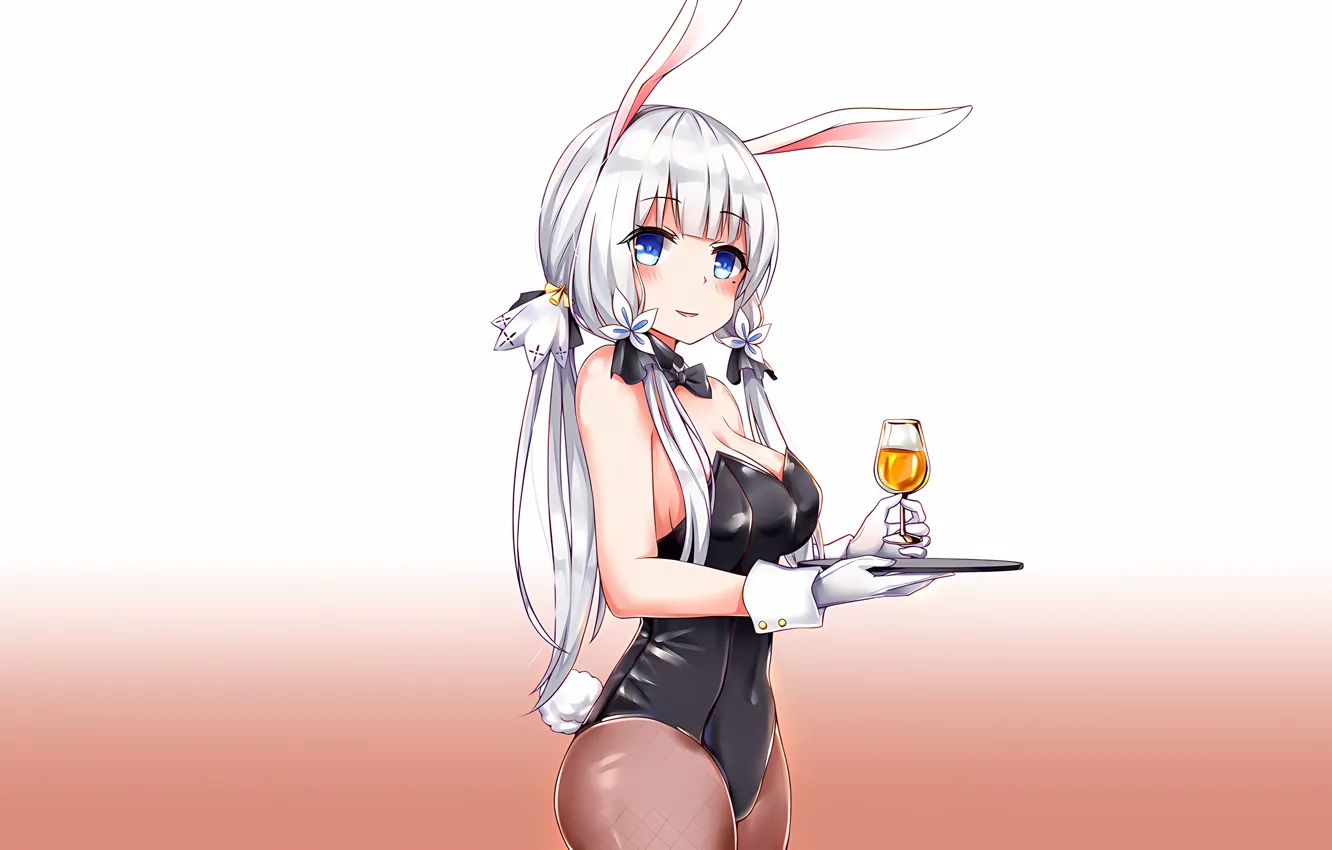 Фото обои collant, anime, Azur Lane, silver hair, fishnets, attractive, drink, twintails