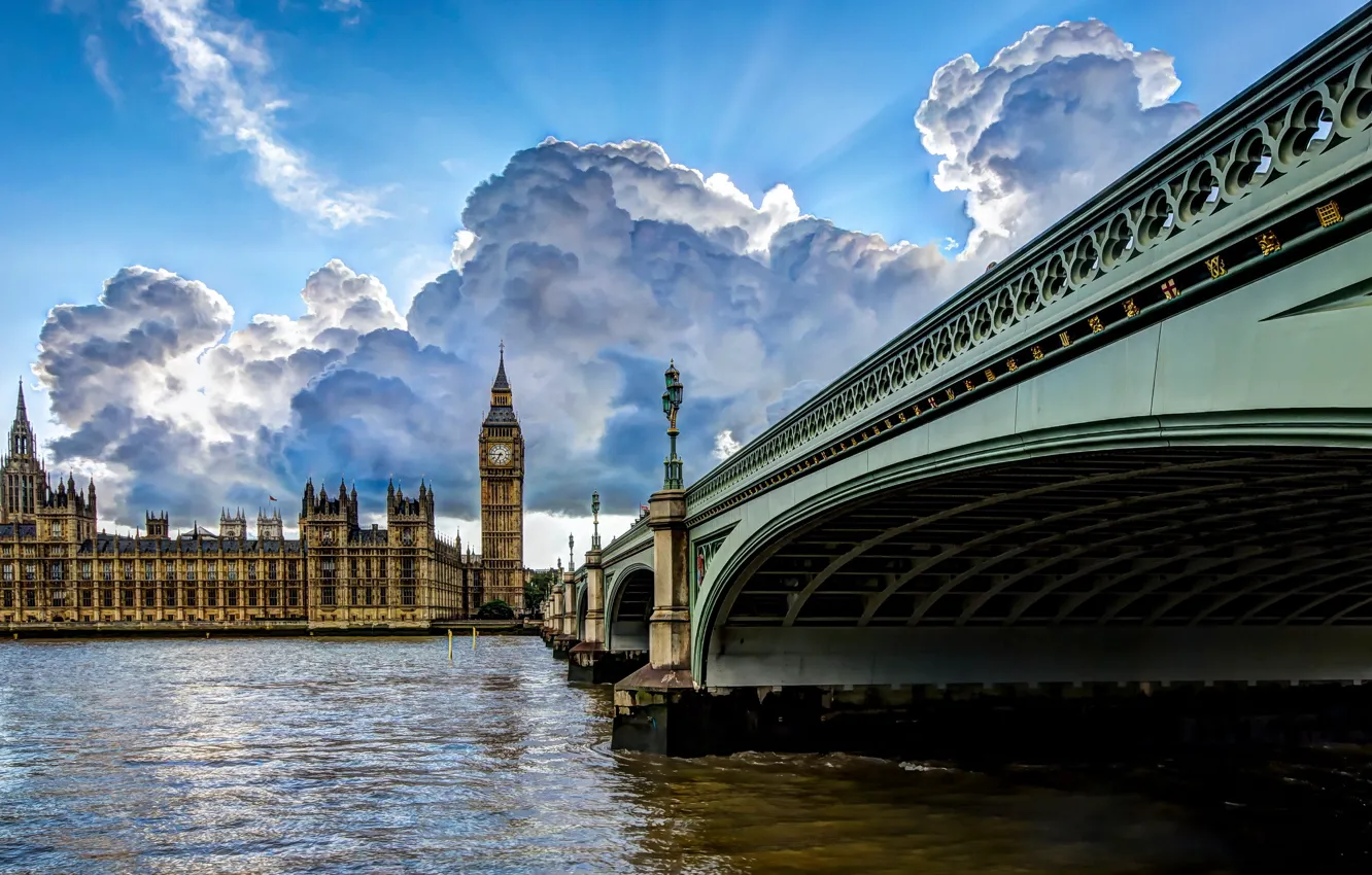 Фото обои мост, город, река, Лондон, HDR